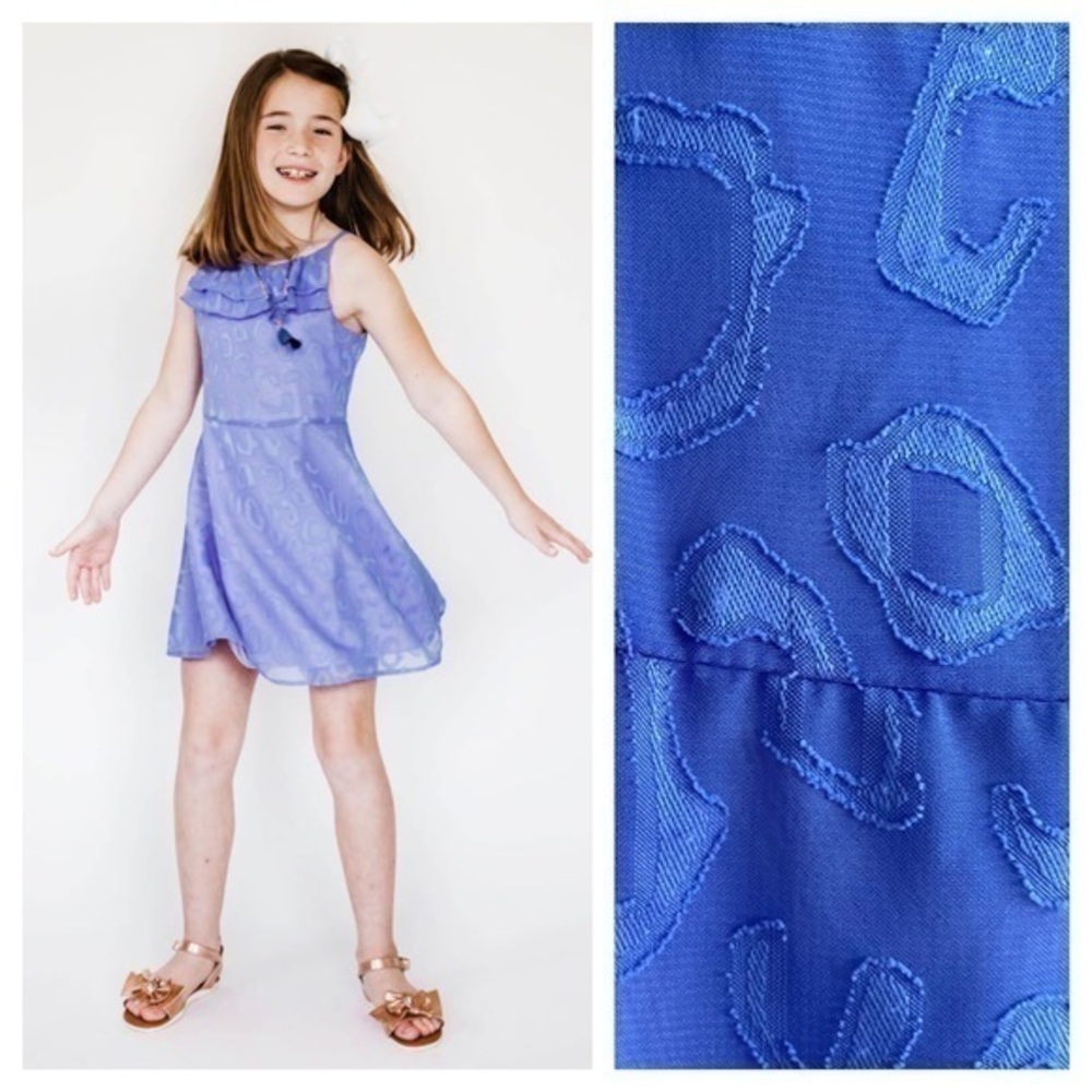Florence Eiseman Periwinkle Purple Animal Print Appliqué Ruffle Chiffon Dress 8